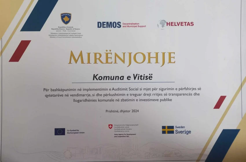  Komuna e Vitisë nderohet me mirënjohje nga MAPL dhe DEMOS