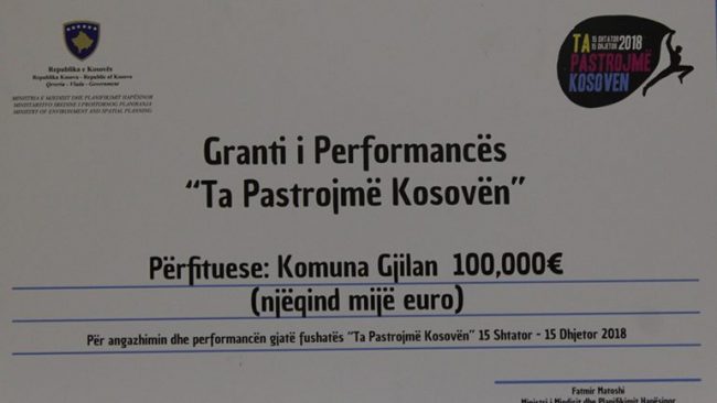 Gjilani fiton 100 mijë euro grant për fushën e pastërtisë