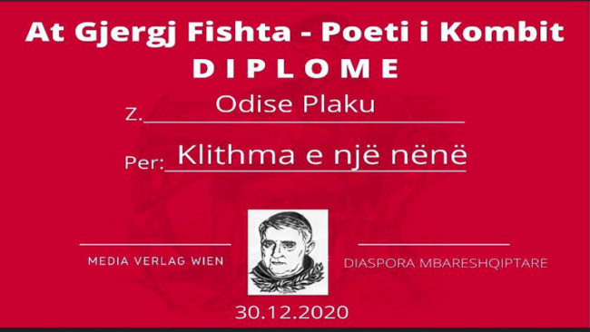 Shkrimtari Odise Plaku fitues i diplomës “At Gjergj Fishta-Poet i Kombit” për monodramën “Klithma e një nëne të marrë”