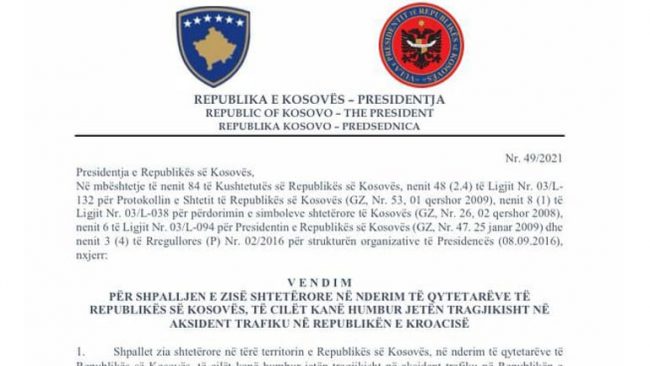 Presidentja Osmani e shpallë të hënën ditë zie shtetërore për viktimat e aksidentit tragjik në Kroaci