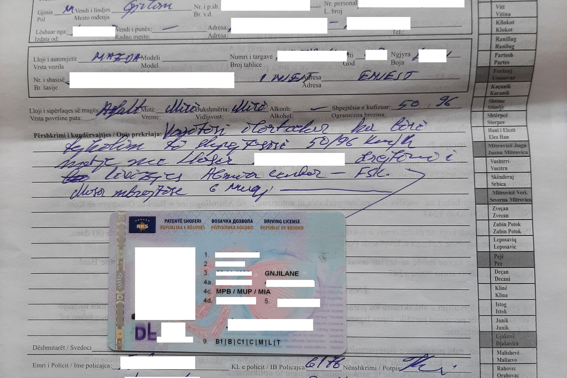Gjobiten vozitësit për tejkalim në vijë të plotë në rrugën Gjilan–Dardanë përballë FSK-së