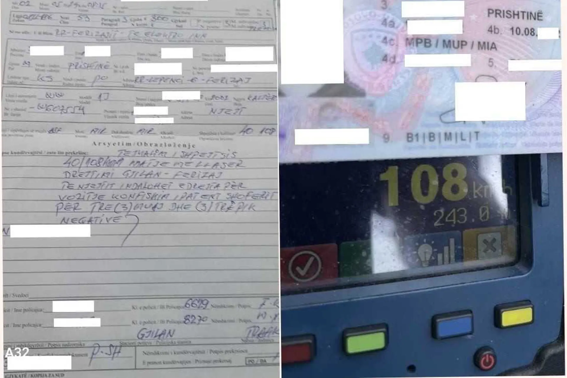 Gjilan: Aty ku kufizimi i shpejtësisë është 40 km/h, voziste me shpejtësi 108 km/h, gjobitet nga policia
