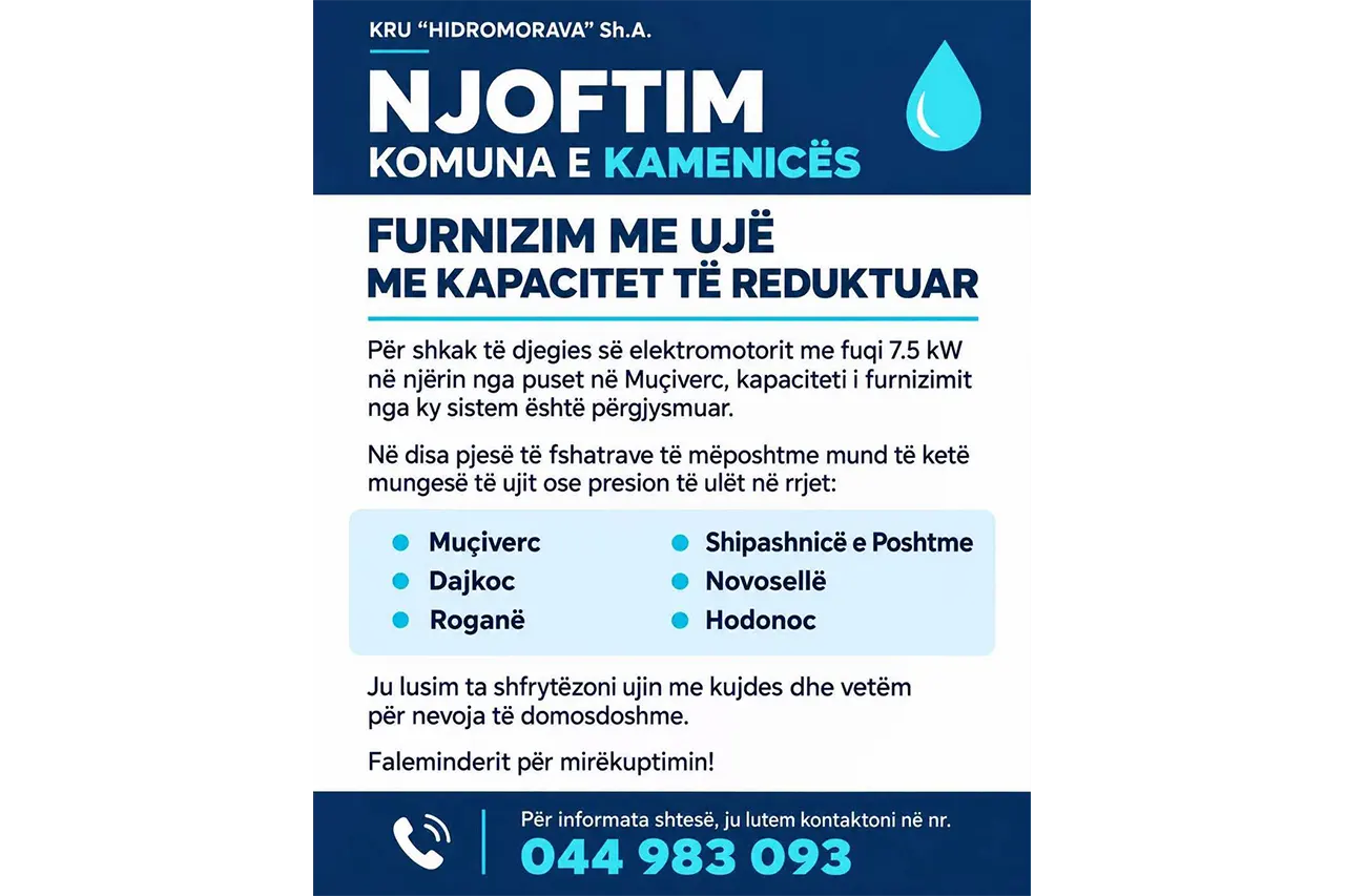 Hidromorava: Njoftim për furnizim me ujë me kapacitet të  reduktuar në Komunën e Kamenicës